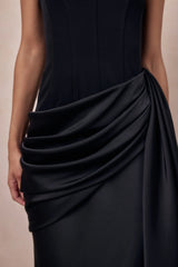 Oakley | Black Satin Bandeau Maxi Dress With Draped Skirt