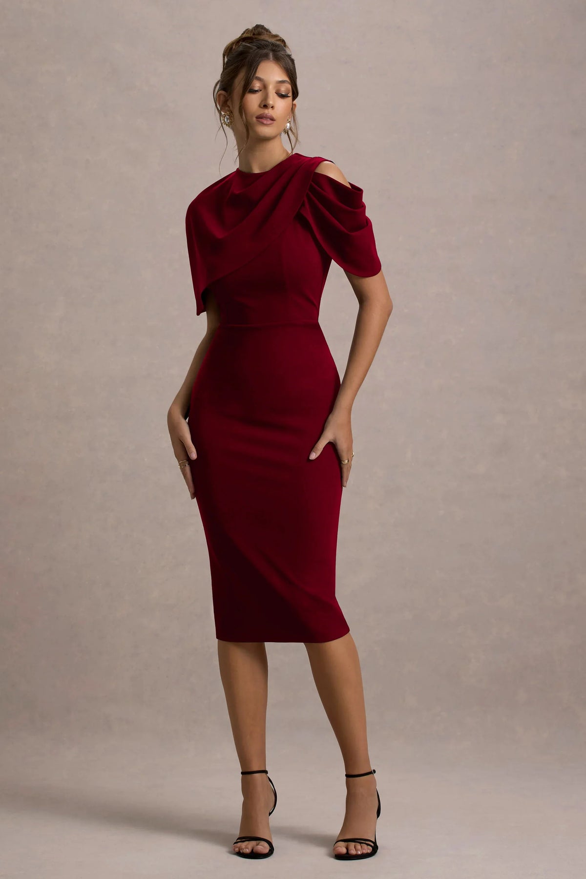 Dorothea | Berry Draped Midi Dress With Cape