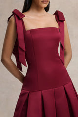 Alberta | Burgundy Satin Square-Neck Midi Dress With Bow Straps