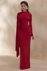Amaria | Red High-Neck Maxi Dress With Sash-Detail
