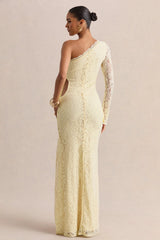 Norna | Lemon Lace Asymmetric-Neck Maxi Dress With Cut-Out And Bow Details
