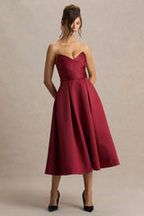Promises | Red Satin Sweetheart-Neck Midi Dress
