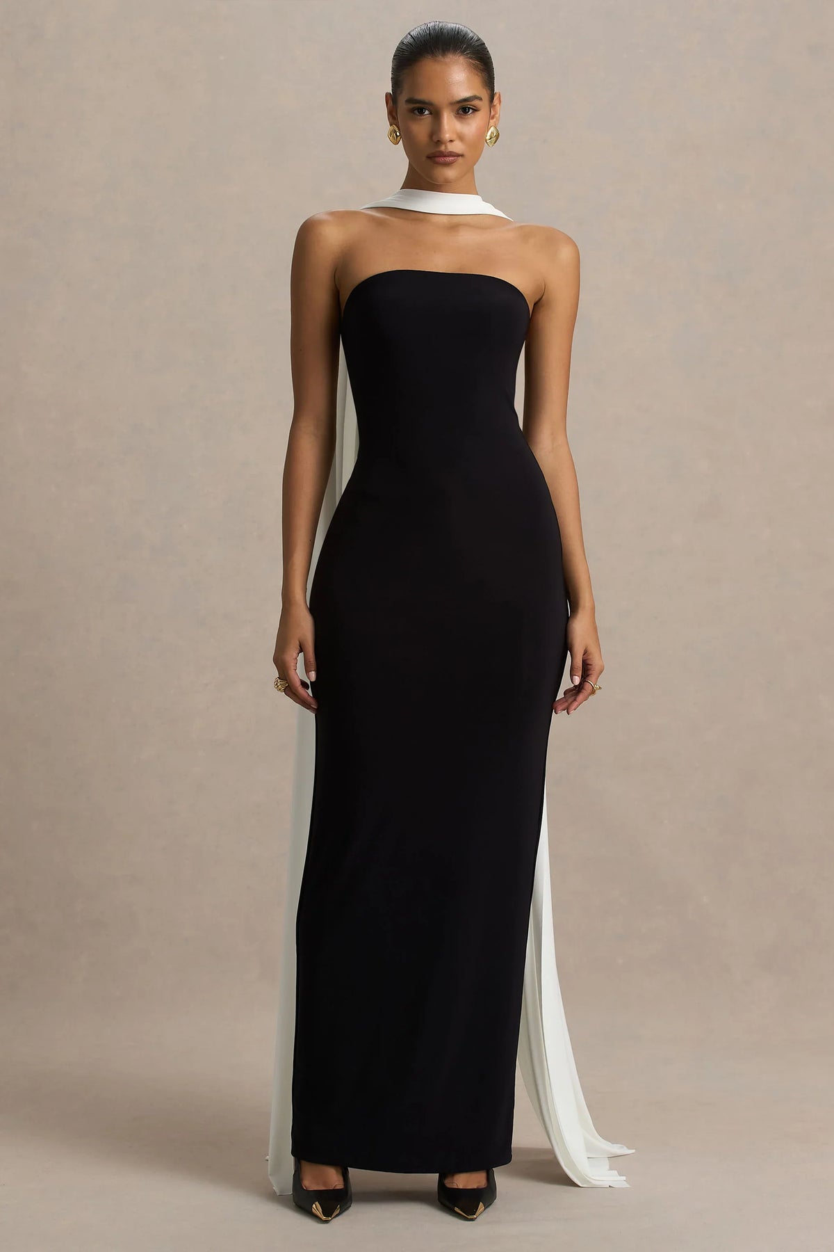 Kelilah | Black And White Bandeau Maxi Dress With Scarf Detail