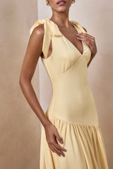 Cala | Lemon Satin Plunge-Neck Maxi Dress With Bow-Sleeves