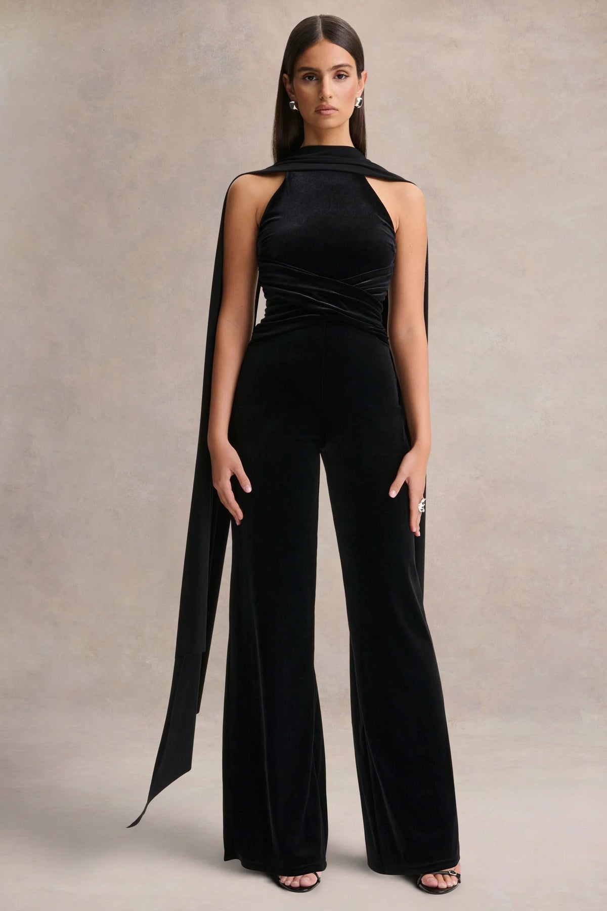 Madalina | Black High-Neck Jumpsuit With Scarf-Detail