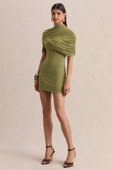 Perdi | Olive Bodycon Mini Dress With Twisted Cape