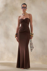 Elodia | Brown Bandeau Maxi Dress With Gathered-Detailing