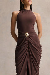 Horizon | Brown High-Neck Maxi Dress With Draped Detailing