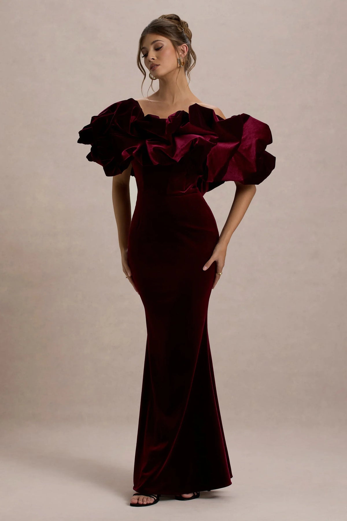 Cecily | Port Velvet Bardot Maxi Dress With Velvet Ruffle Trim