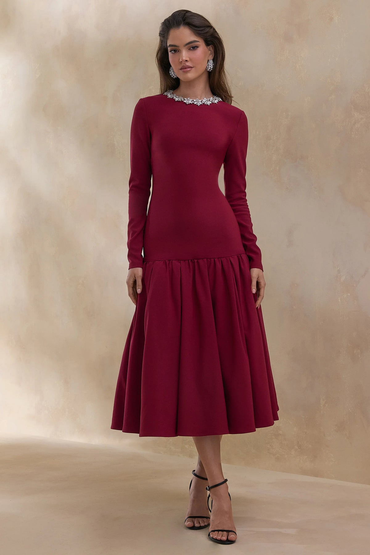 Jovana | Burgundy Hand-Embellished Crew-Neck Midi Dress With Drop Waist