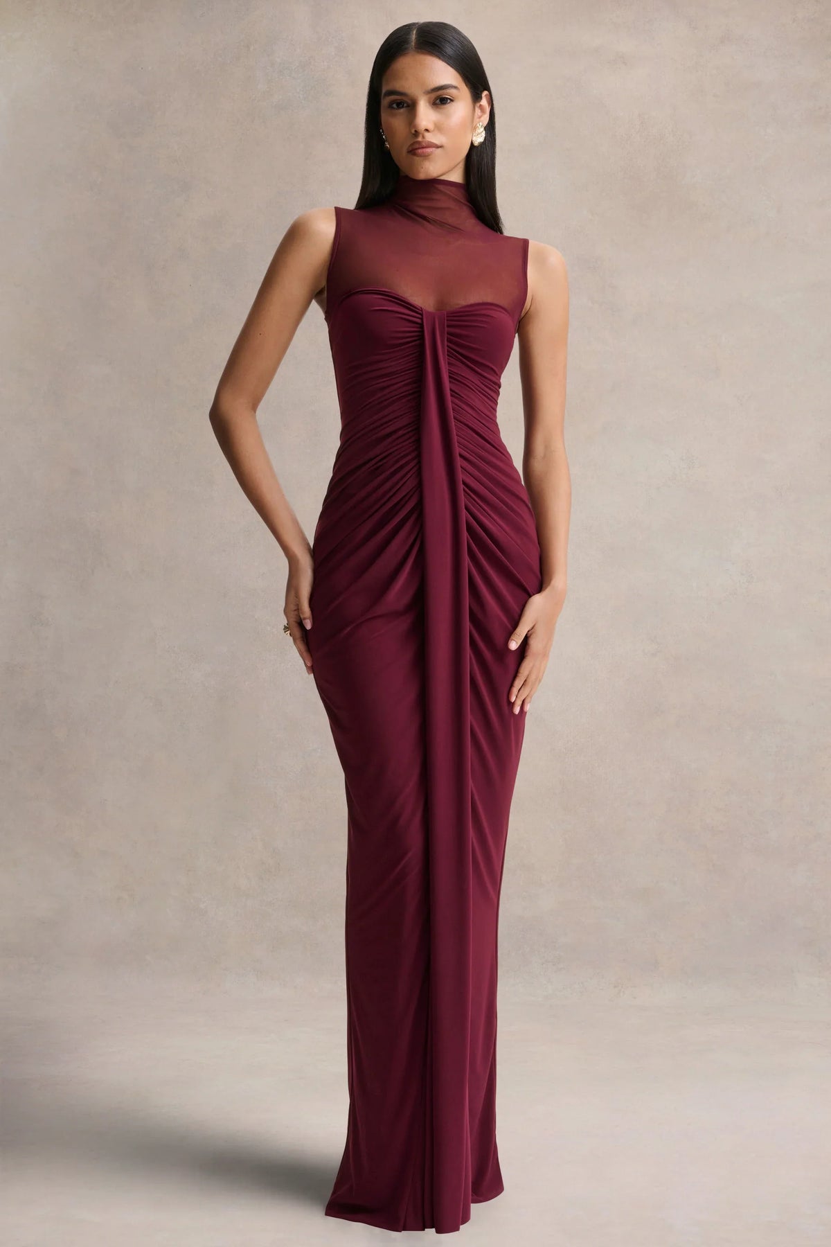 Brialle | Burgundy High-Neck Maxi Dress With Mesh And Gathered-Detailing