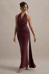 Rosina | Burgundy Halter-Neck Draped Maxi Dress With Sash