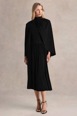 Honora | Black High-Neck Maxi Dress With Cape-Sleeves