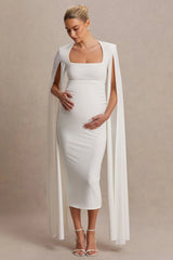 Flawless | White Square-Neck Maternity Midi Dress With Cape-Sleeves
