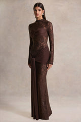 Akira | Brown Lace Maxi Dress With Sash-Detail