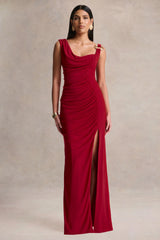 Vesperelle | Red Scoop-Neck Maxi Dress With Gathered-Detailing