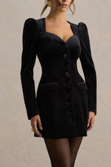 Friya | Black Velvet Sweetheart-Neck Tailored Mini Dress