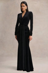 Halima | Black Velvet Plunge-Neck Maxi Dress With Gathered Detailing