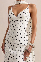 Starling | White & Black Polka Dot Satin Plunge-Neck Maxi Dress With Scarf-Detail