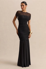 Kalene | Black Wide-Neck Maxi Dress With Sheer-Detailing