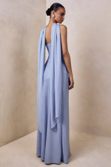 Charly | Powder Blue Satin Bandeau Maxi Dress With Scarf-Detail