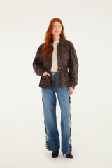 Burgundy Drawstring Pockets Leather Parka